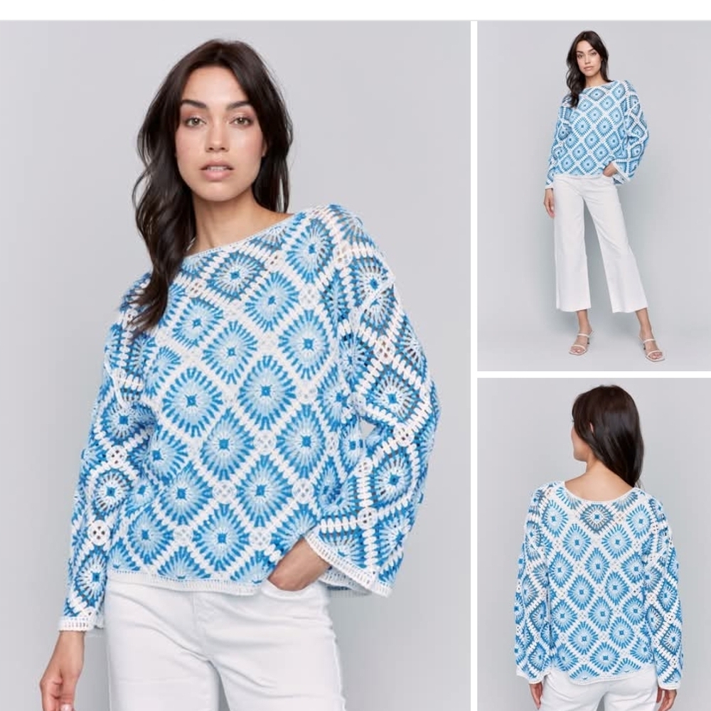 CHARLIE B Geometric Blue and White Sweater NWT Size M/L